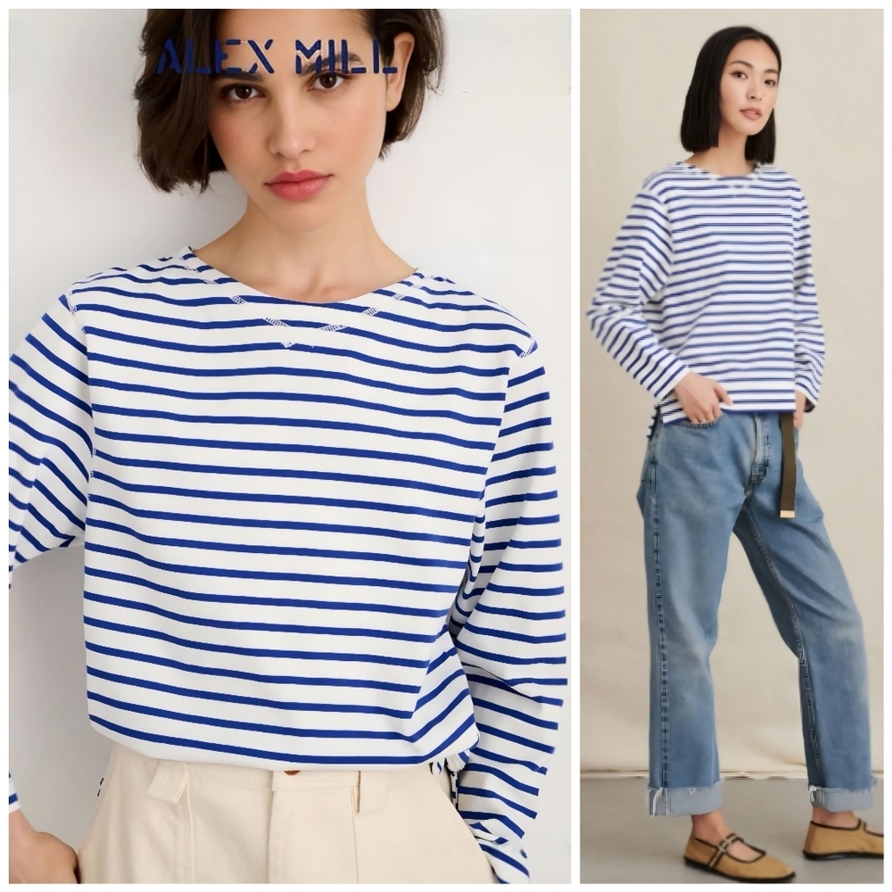 Alex Mill White and Blue Striped Long-Sleeve Tee